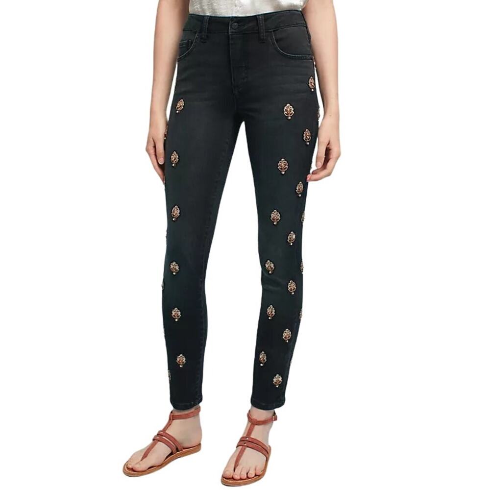 Anthropologie Pilcro Script High-Rise Embellished Skinny Jeans Denim Black 28